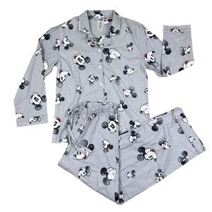 Disney Pottery Barn Teen Flannel Mickey Mouse Gray Pajama Shirt & Pant Set Large